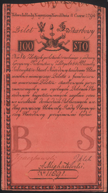 100 złotych 8.06.1794, seria B, Miłczak A5, Lucow 34 (R4), po fachowej konserwacji