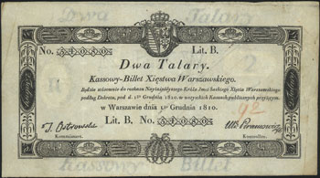 2 talary 1.12.1810, podpis komisarza: T. Ostrowski, na stronie odwrotnej stempel Komisji Likwidacyjnej, Miłczak A13be, Lucow 65 (R3)