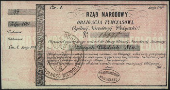 obligacja tymczasowa na 100 złotych 186..., ze stemplami, numeracja jednokrotnie, Moczydłowski S4, Lucow 210 (R2)