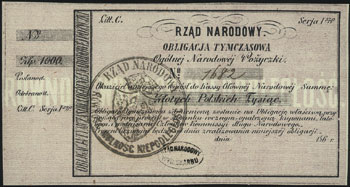 obligacja tymczasowa na 1.000 złotych 186..., ze stemplami, numeracja jednokrotnie, Moczydłowski S6, Lucow 212 (R3)