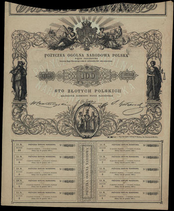 Pożyczka Ogólna Narodowa Polska na 100 złotych 1863, Moczydłowski S14, Lucow 220 (R5), rzadkie