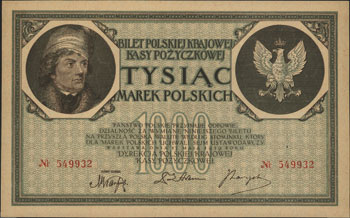 1.000 marek polskich 17.05.1919, bez oznaczenia serii, numeracja 6-cio cyfrowa, Miłczak 22a, Lucow 343 (R6), rzadkie, wyśmienicie zachowane
