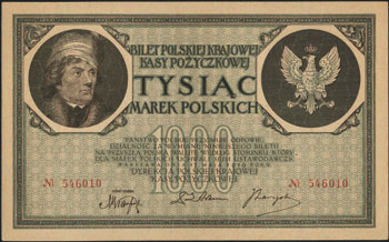 1.000 marek polskich 17.05.1919, bez oznaczenia serii, numeracja 6-cio cyfrowa, Miłczak 22a, Lucow 343 (R6), rzadkie