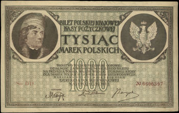 1.000 marek polskich 17.05.1919, seria DD, numeracja 7-mio cyfrowa, Miłczak 22f ale nie notuje tej serii, Lucow 349 ale nie notuje tej serii, po subtelnej konserwacji, nienotowana seria, rzadkie
