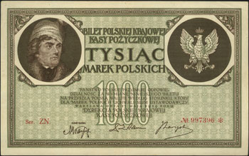 1.000 marek polskich 17.05.1919, seria ZN, numeracja 6-cio cyfrowa z gwiazdką, Miłczak 22g, Lucow 351 (R3)