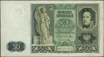 50 złotych 11.11.1936, seria AM 1201372, Miłczak 77a, Lucow 689 (R7), ładnie zachowany banknot z niewielkim zafalowaniem papieru i plamkami, bardzo rzadki