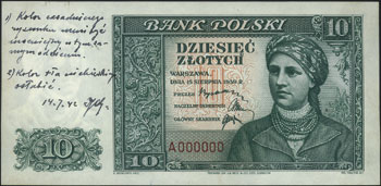 10 złotych 15.08.1939, seria A 000000, I wersja 