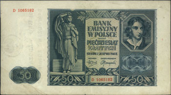 50 złotych 1.03.1941, seria D, z nadrukiem \OKRĘG WARSZAWSKI / DOWÓDZTWO ZGRUP. IV\" na stronie odwrotnej