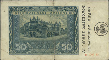 50 złotych 1.03.1941, seria D, z nadrukiem \OKRĘG WARSZAWSKI / DOWÓDZTWO ZGRUP. IV\" na stronie odwrotnej