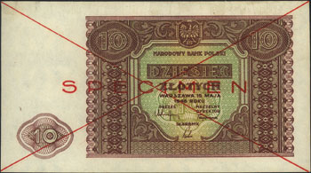 10 złotych 15.05.1946, WZOR, bez oznaczenia serii i numeracji, Miłczak 126, na górnym marginesie ślad po odklejeniu