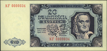 20 złotych 1.07.1948, perforacja WZÓR, seria KF 0000034, Miłczak 137f, wzór Jaroszewicza
