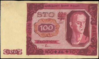 FALSYFIKAT!!

projekt wstępny banknotu 100 złotych 1.07.1948, 330x195 mm, namalowany akwarelą na kremowym papierze

przez Wacława Borowskiego 4, nieco pogięty papier, ale bardzo ładnie zachowany.