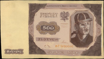 FALSYFIKAT !!!

projekt wstępny banknotu 500 złotych 1.07.1948, 345x197 mm, namalowany akwarelą na kremowym papierze

przez Wacława Borowskiego 4, nieco pogięty papier, ale bardzo ładnie zachowany.
