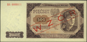 500 złotych 1.07.1948, nadruk WZÓR, seria BS 0000011, Miłczak 140c, wzór Jaroszewicza