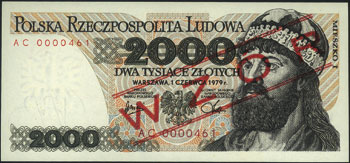 2.000 złotych 1.06.1979, nadruk WZÓR, seria AC 0000461, Miłczak 155b, wzór Jaroszewicza