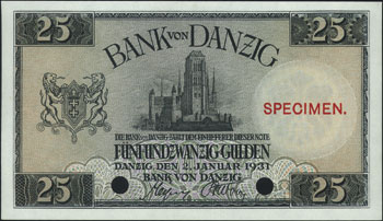 25 guldenów 2.01.1931, wzór dwukrotnie perforowany z nadrukiem SPECIMEN, bez oznaczenia serii i numeracji, Miłczak G49, Ros. 840, wyśmienicie zachowane i rzadkie