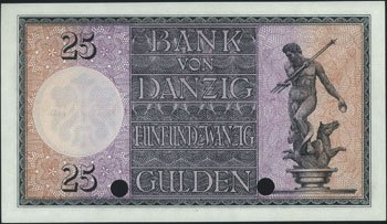 25 guldenów 2.01.1931, wzór dwukrotnie perforowany z nadrukiem SPECIMEN, bez oznaczenia serii i numeracji, Miłczak G49, Ros. 840, wyśmienicie zachowane i rzadkie