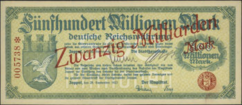 Sopot, 20 miliardow marek, nadruk na banknocie 500.000.000 marek 28.09.1923, numeracja 6-cio cyfrowa z gwiazdką, Podczaski WD-125.C.3, wyśmienite