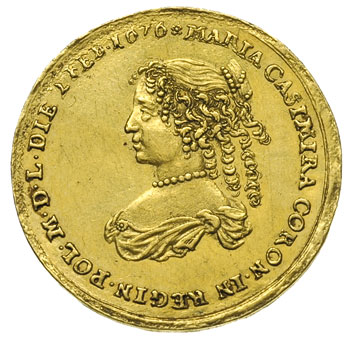 medal z okazji koronacji Marii Kazimiery w 1676 r, Aw: Popiersie królowej w lewo i napis MARIA CASIMIRA CORON IN REGIN POL M D L DIE 2 FEB 1676, Rw: Diana na rydwanie, w otoku napis FULGORIS SOCIAM VOCAT IN CONSORTIA REGI, złoto 5.09 g, 27 mm, Racz. 203, H.Cz. 10383 (R3), rzadki i bardzo ładnie zachowany