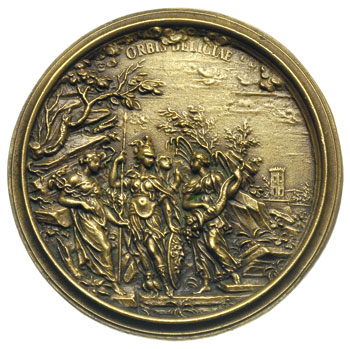 medal pamiątkowy niesygnowany (autorstwa Maria Lorenzo Weber’a) ku czci Fryderyka Krystiana syna Augusta III, Aw: Portret Fryderyka Krystiana w zbroi i płaszczu, wokół napis FRID CHRISTIANVS AVGVSTI III REG POL M D LITH SAX FIL NATV MAX AET AN XVIII, Rw: Trzy boginie stojące w ogrodzie, za nimi kobieta ze złożonymi rękoma i u góry napis ORBIS DELICIAE, egzemplarz lany i starannie cyzelowany, brąz 80 mm, bardzo ładny medal wykonany z okazji 18 urodzin dziedzica i następcy Augusta III, w 1763 roku, elektora saskiego w tytulaturze zaznaczającego pochodzenie królewskie