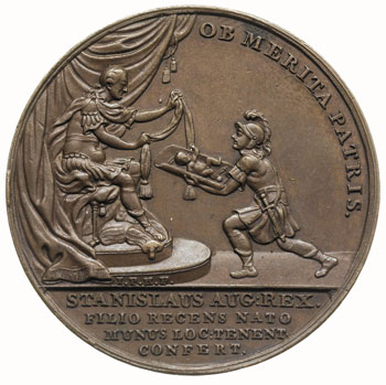 medal na pamiątkę narodzin syna Fryderyka Alojzego Brühla autorstwa J.F.Holzhaeussera 1781 r, Aw: Żołnierz w stoju rzymskim prezentuje niemowlę królowi w antycznej zbroi siedzącemu na tronie, w półkolu napis OB MERITA PATRIAS, w odcinku napis STANISLAUS AUG REX ...., Rw: Napis poziomy w piętnastu wierszach ALOIS FRID COM A BRUHL ...., brąz 44 mm, Racz. 574, H-Cz. 3861, Więcek 50, patyna