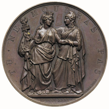 Bohaterskiej Polsce -medal autorstwa Barre’a 1831 r., wybity staraniem Komitetu Brukselskiego, Aw: Dwie postacie kobiece w strojach antycznych symbolizujące Polskę i Belgię, Rw: Napis poziomy A L’ HEROIQUE POLOGNE, u góry wieniec z gwiazdek, miedź 51 mm, H-Cz. 3831 (R4), patyna