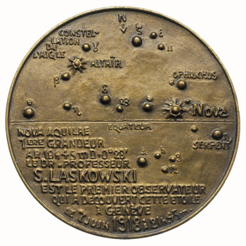 medal sygnowany K.ŻMIGRODZKI BRONZE poświęcony profesorowi Zygmuntowi Laskowskiemu z okazji odkrycia nowej gwiazdy 1918 r, Aw: Głowa w prawo i napis wokoło DR. PROF. SIGISMOND LASKOWSKI NE A VARSOVIE EN 1841, Rw: Widok nieba z gwiazdami, na dole napis, brąz 35 mm, Strzałkowski 436 (RR)