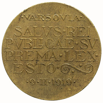 medal na otwarcie Pierwszego Sejmu Ustawodawczego  9.02.1919, Aw: Napis w sześciu rzędach, Rw: Siedząca kobieta z tablicami, sygn. J.Raszka, brąz 44 mm, Strzałkowski 443 (R)