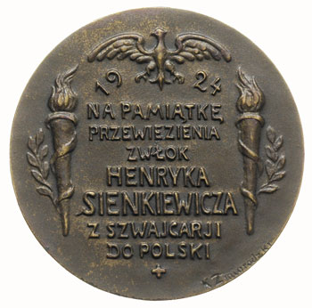 medal autorstwa K. Żmigrodzkiego -sprowadzenie zwłok Sienkiewicza 1924 r., Aw: Popiersie w prawo, Rw: Napis poziomy w siedmiu wierszach, brąz 33 mm, Strzałkowski 518 (RR) (podaje, że wybito 100 egz.), ciemna patyna