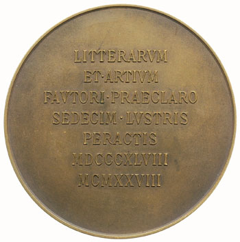 medal sygnowany L HUJER Karol książę Lanckoroński 1928, Aw: Popiersie w prawo i napis w otoku CAROLUS COMES DE BRZEZIE LANCKOROŃSKI,Rw: Napis w siedmiu wierszach, brąz 74 mm, Strzałkowski 622 (RR)