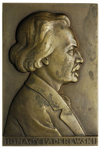 Ignacy Paderewski -plakieta Mennicy Państwowej sygnowana J. AVMILLER, 1926, brąz 91 x 61 mm, Strzałkowski -plakiety 7.b, nakład ponad 250 sztuk, na stronie odwrotnej duży znak Mennicy Państwowej