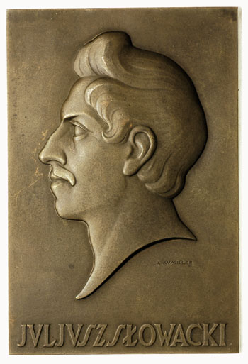 Juliusz Słowacki -plakieta Mennicy Państwowej, sygnowana J. AVMILLER, 1929, brąz 91x61 mm, Strzałkowski -plakiety 32.b, wykonano ponad 110 egzemplarzy, na stronie odwrotnej znak Mennicy Państwowej, rzadka