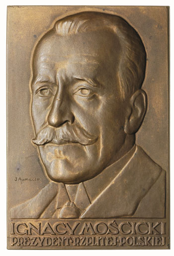 Ignacy Mościcki -plakieta Mennicy Państwowej, sygnowana J. AVMILLER, 1939, brąz 91 x 61 mm, Strzałkowski -plakiety 61, na stronie odwrotnej znak Mennicy Państwowej