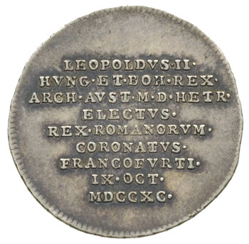 żeton 1790, wybity z okazji wyboru Leopolda II na cesarza, Aw: Insygnia i napis PIETATE ET CONCORDIA, Rw: Napis w dziewięciu wierszach, srebro 2.19 g, 21 mm, patyna