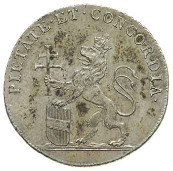 żeton 1791, wybity z okazji koronacji Leopolda II na króla Czech, Aw: Lew czeski i napis PIETATE ET CONCORDIA, Aw: Korona i napis w ośmiu wierszach, srebro 4,39 g, 24 mm
