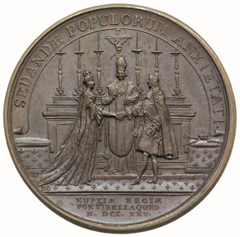 Ludwik XV i Maria Leszczyńska -medal zaślubinowy 1725, sygn DU VIVIER, Aw: Popiersia małżonków zwrócone do siebie i napis LVD XV D G FR NAV REX MARIA STANISAI REGIS FIL, Rw: Scena zaślubin w kościele i napis SEDANDAE POPULORUM ANXIETAT, w odcinki NUPTIAE..., miedź 41 mm, H-Cz. 2738 (w srebrze), patyna