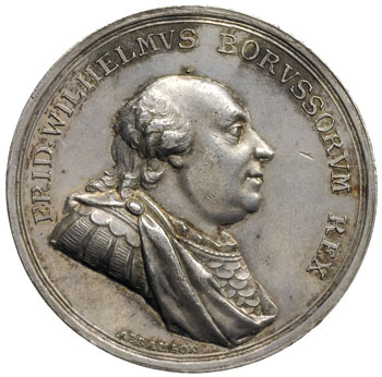 Fryderyk Wilhelm II, medal sygnowany ABRAHAMSON, wybity w 1793 r., dla uczczenia hołdu złożonego przez Prusy Południowe Fryderykowi Wilhelmowi II, Aw: Popiersie króla w prawo i napis wokoło FRID WILHELMVS BORVSSORVM REX, Rw: Orzeł pruski z głową w lewo, powyżej napis VOBIS QVOQVE PATER, poniżej w odcinku BORVSS MERIDION / FID PRAEST / MDCCLXXXXIII, srebro 27.94 g, 41 mm, Hoffmann 85 (R), rzadki
