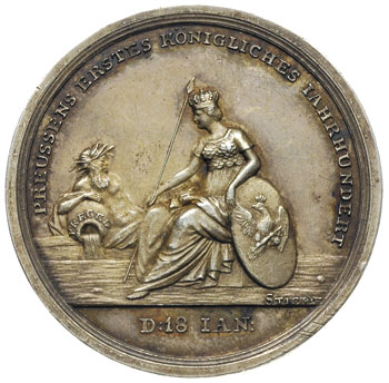 Fryderyk Wilhelm III, medal sygnowany STIERLE wybity w 1801 roku z okazji 100 lecia Królestwa Prus, Aw: Siedząca na tronie Borussia i napis PREUSSENS ERSTES KÖNIGLISCHES IAHRHUNDERT, w odcinku D 18 IAN, Rw: W pierścieniu tworzonym przez węża połykającego swój ogon (symbolu rozwoju) korona i napis w otoku AUF IMMER 1801, srebro, 14.16 g, 44 mm, Bolzenthal 29, patyna