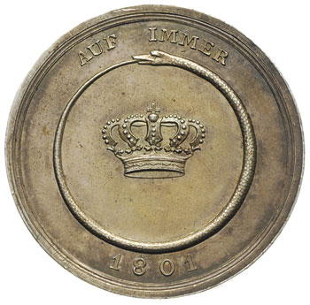 Fryderyk Wilhelm III, medal sygnowany STIERLE wybity w 1801 roku z okazji 100 lecia Królestwa Prus, Aw: Siedząca na tronie Borussia i napis PREUSSENS ERSTES KÖNIGLISCHES IAHRHUNDERT, w odcinku D 18 IAN, Rw: W pierścieniu tworzonym przez węża połykającego swój ogon (symbolu rozwoju) korona i napis w otoku AUF IMMER 1801, srebro, 14.16 g, 44 mm, Bolzenthal 29, patyna