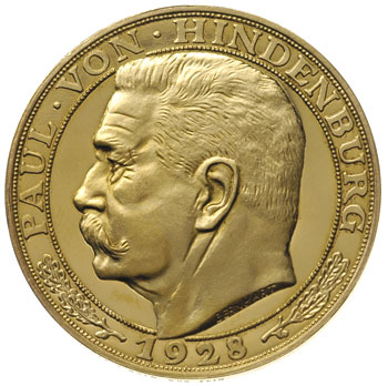 Paul von Hindenburg -medal sygnowany BERNHART, z 1928 r, Aw: Popiersie w lewo i napis wokoło PAUL VON HINDENBURG 1928, Rw: Herbowa tarcza rodowa i napis wokoło PRÄSIDENT DES DEUTSCHEN REICHES. złoto 22,45 g, 36 mm, na rancie napis PREUSS STAATSMUENZE GOLD 900 FEIN