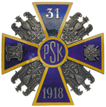 odznaka 31 Pułku Strzelców Kaniowskich, mosiądz srebrzony, emalia, 85 x 85 mm powiększony wariant odznaki pułkowej zawieszany na sztandarze, mały ubytek emalii, bardzo rzadka