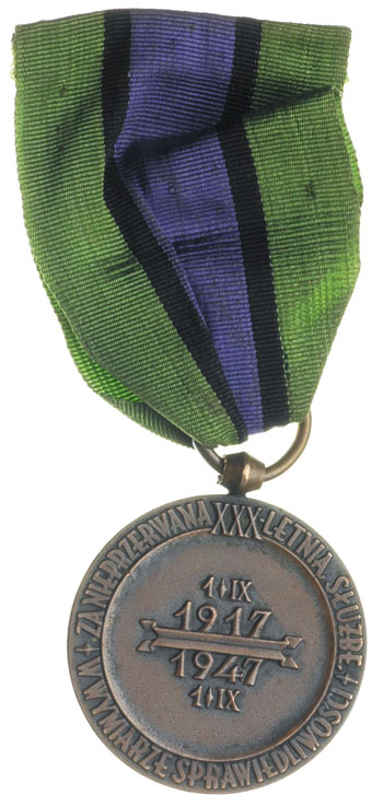 odznaka pamiątkowa za XXX-lecia Sądownictwa Polskiego 1917-1947, brąz, 33 mm, wstążka, lekko skorodowana i czyszczona