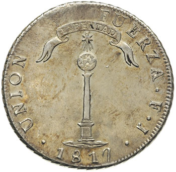Republika od 1817, 1 peso 1817 / F.J., Santiago, KM. 82.2, rzadkie, patyna