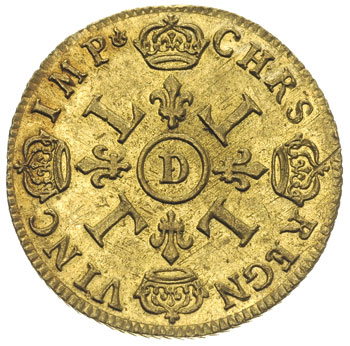 Ludwik XIV 1643-1715, podwójny louis d’or typu \aux quatre L\" 1698 / D