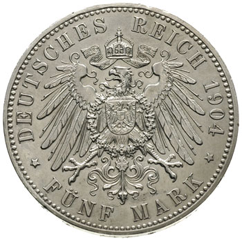 Fryderyk Franciszek II 1842-1883, 5 marek 1904 / A, Berlin, wybite z okazji zaślubin z Aleksandrą, J.87, moneta wyczyszczona
