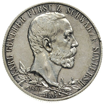 Karol Günther 1880-1909, 2 marki 1905, Berlin, wybite z okazji 25-lecia panowania, J. 169b, ślady czyszczenia, patyna