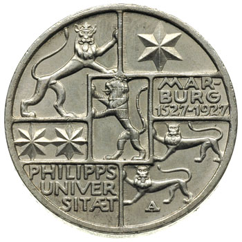 3 marki 1927 / A, Berlin, 400-lecie Uniwersytetu w Marburgu, J.330