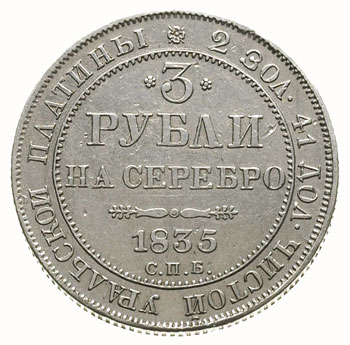 3 ruble 1835, Petersburg, platyna 10.23 g, Bitki
