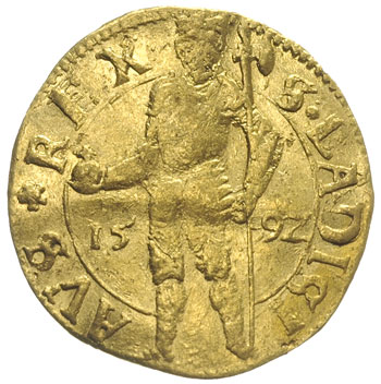 Zygmunt Batory 1581-1602, dukat 1592, Nagybanya, złoto 3.50 g, Resch 97 var, minimalnie gięty