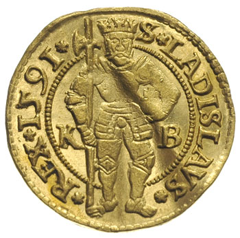 Rudolf II 1576-1608, dukat 1591 / K-B, Krzemnica, złoto 3.47 g, Huszar 1002, gięty